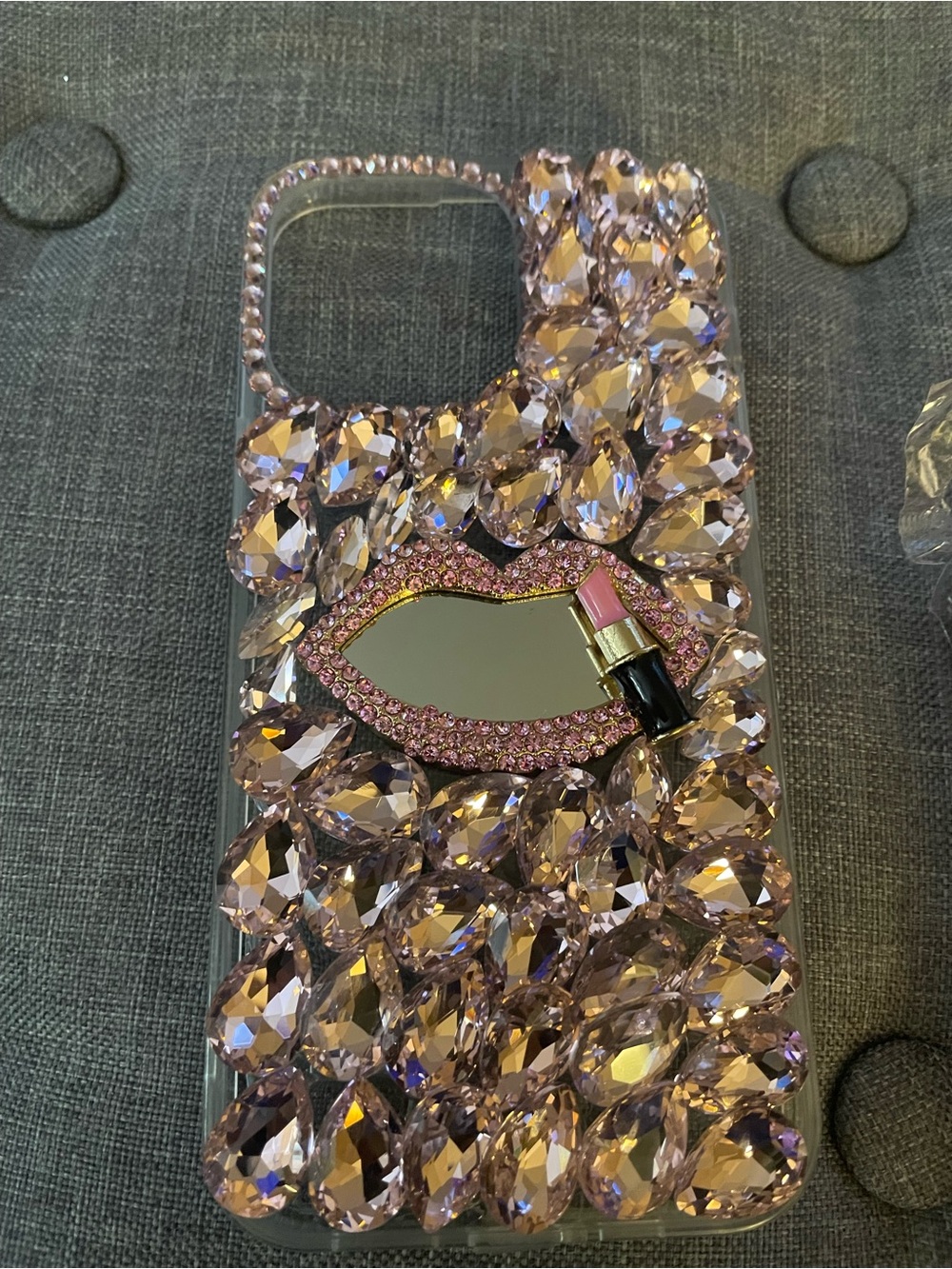 Pink Crystal Lip Mirror Phone Case with Lipstick Charm